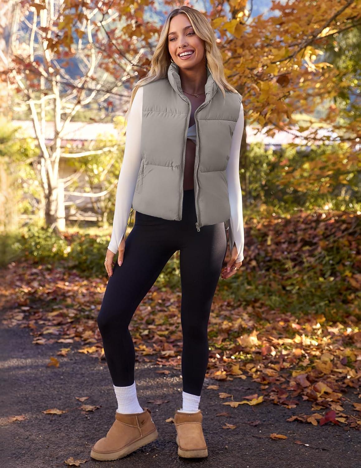 imageMEROKEETY Puffer Vest Women 2025 Fall Winter Sleeveless Jackets Lightweight Warm Stand Collar Quilted Zip Up CoatGrey