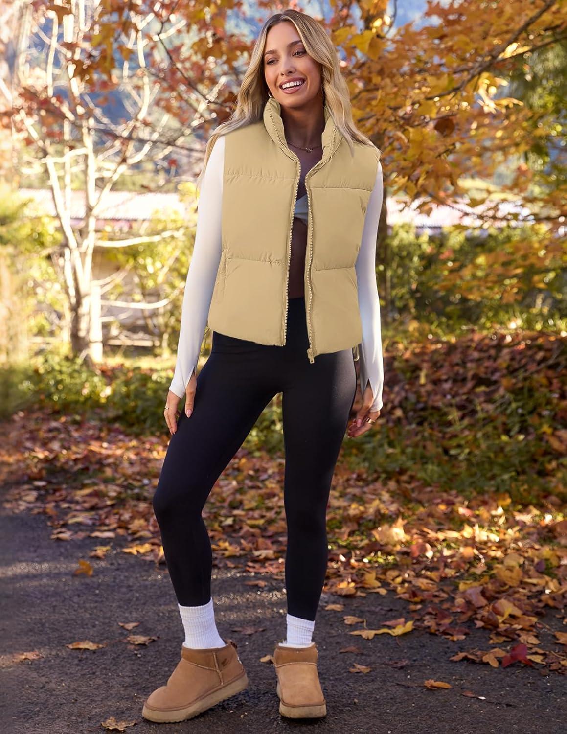 imageMEROKEETY Puffer Vest Women 2025 Fall Winter Sleeveless Jackets Lightweight Warm Stand Collar Quilted Zip Up CoatKhaki