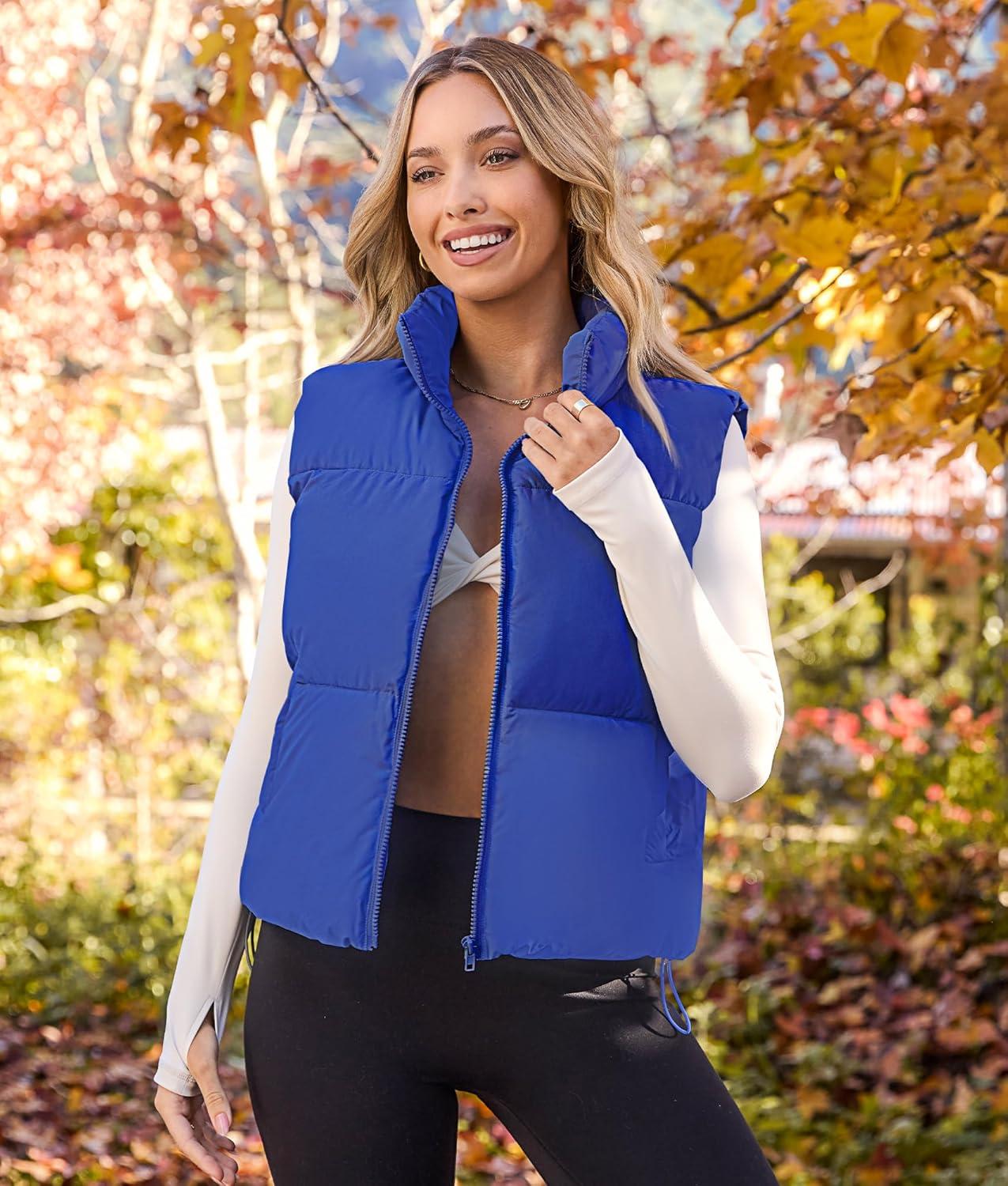 imageMEROKEETY Puffer Vest Women 2025 Fall Winter Sleeveless Jackets Lightweight Warm Stand Collar Quilted Zip Up CoatRoyal