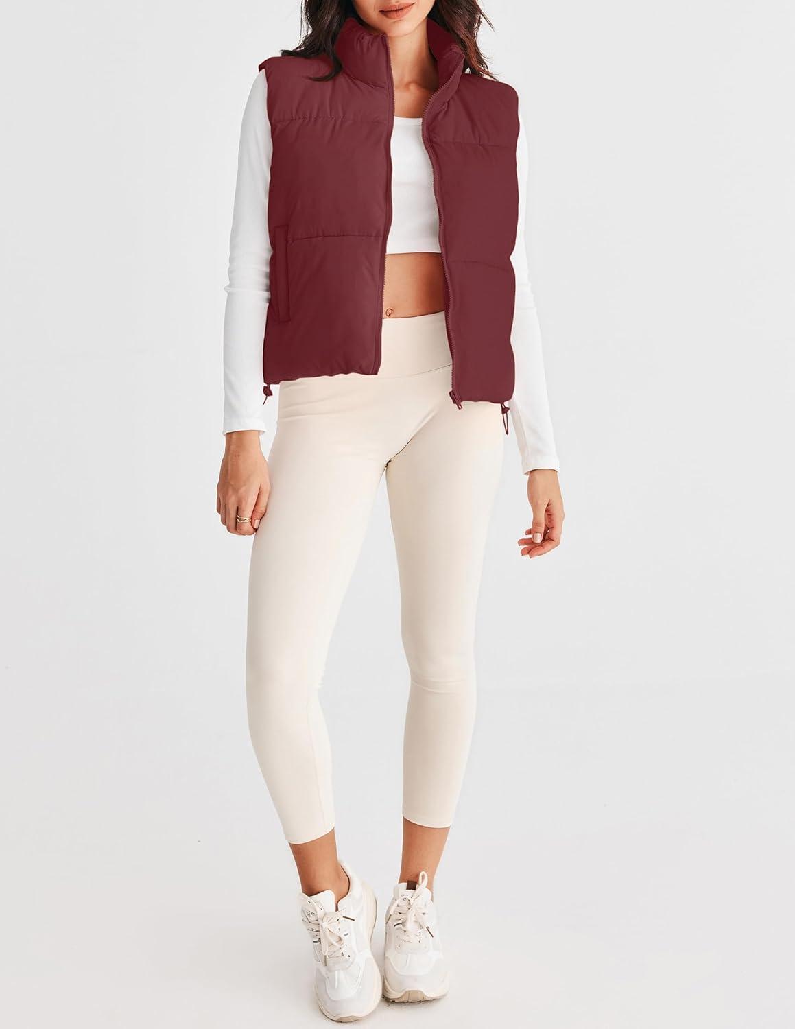 imageMEROKEETY Puffer Vest Women 2025 Fall Winter Sleeveless Jackets Lightweight Warm Stand Collar Quilted Zip Up CoatWine
