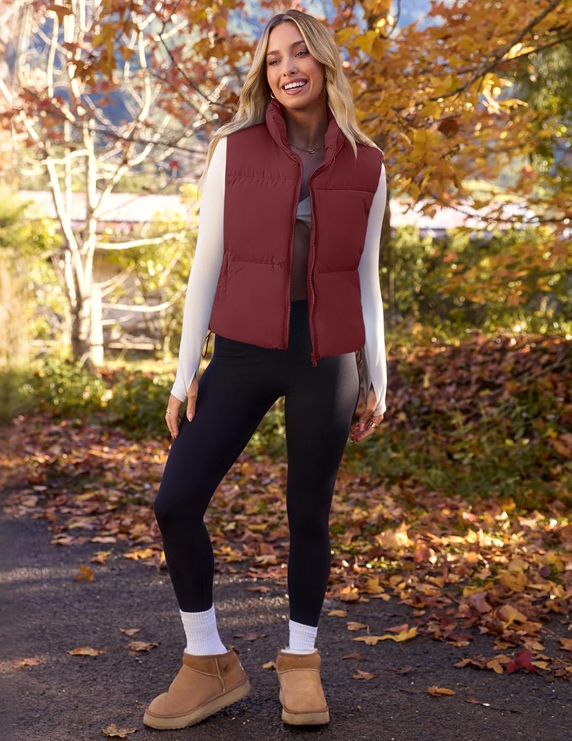 imageMEROKEETY Puffer Vest Women 2025 Fall Winter Sleeveless Jackets Lightweight Warm Stand Collar Quilted Zip Up CoatWine