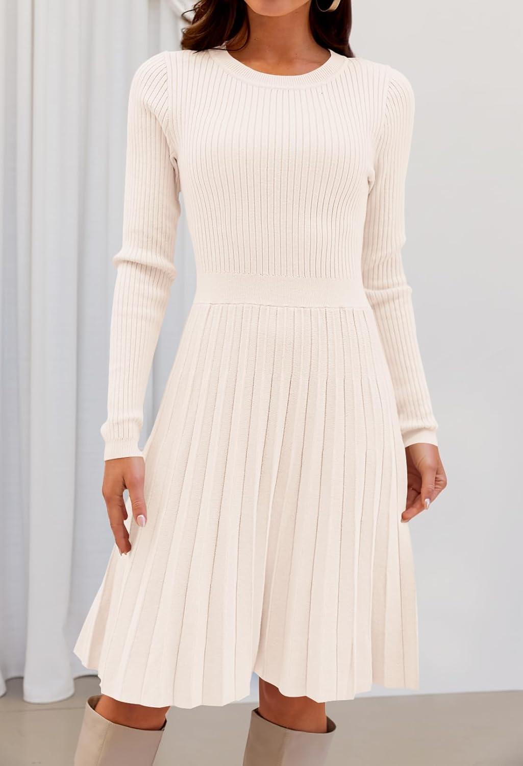 imageMEROKEETY Womens 2025 Long Sleeve Mini Sweater Dress Crewneck Ribbed Knit A Line Pleated Swing Short DressesBeige