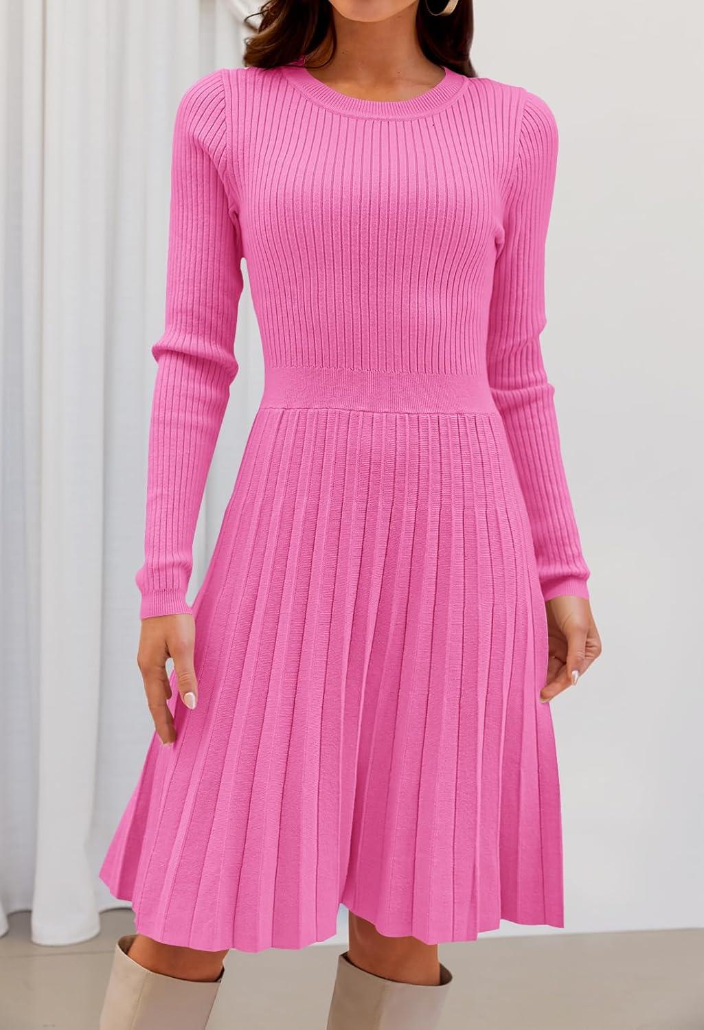imageMEROKEETY Womens 2025 Long Sleeve Mini Sweater Dress Crewneck Ribbed Knit A Line Pleated Swing Short DressesHotpink