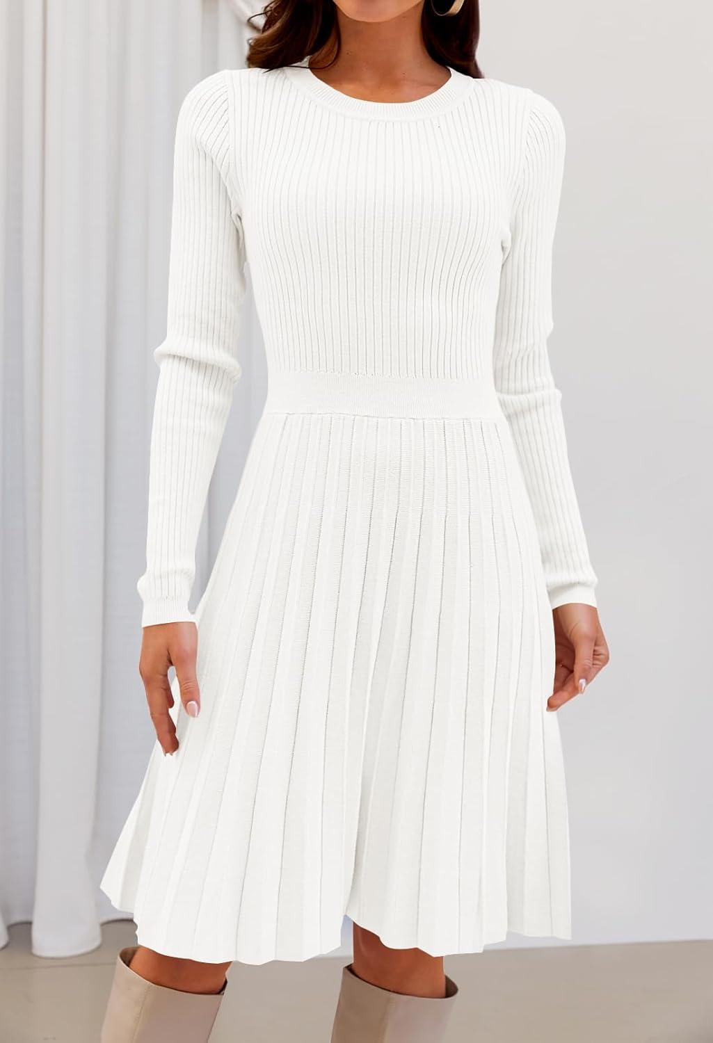 imageMEROKEETY Womens 2025 Long Sleeve Mini Sweater Dress Crewneck Ribbed Knit A Line Pleated Swing Short DressesWhite