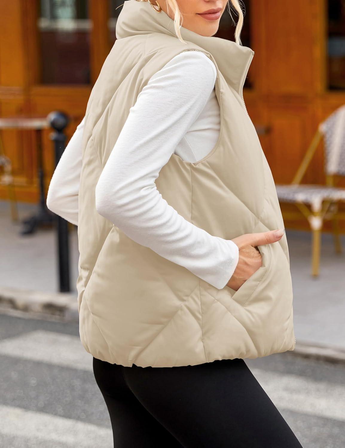 imageMEROKEETY Womens 2025 Puffer Vest Sleeveless Zip Up Quilted Coat Stand Collar Gilet Jacket With PocketsApricot