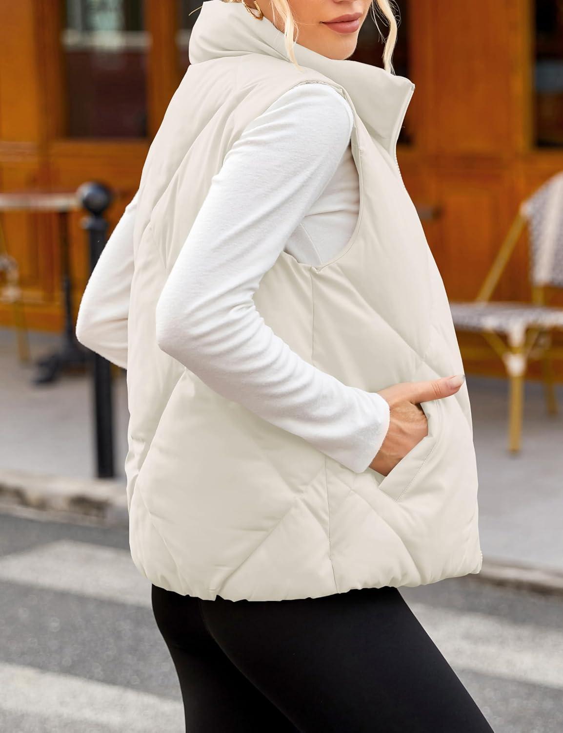 imageMEROKEETY Womens 2025 Puffer Vest Sleeveless Zip Up Quilted Coat Stand Collar Gilet Jacket With PocketsBeige