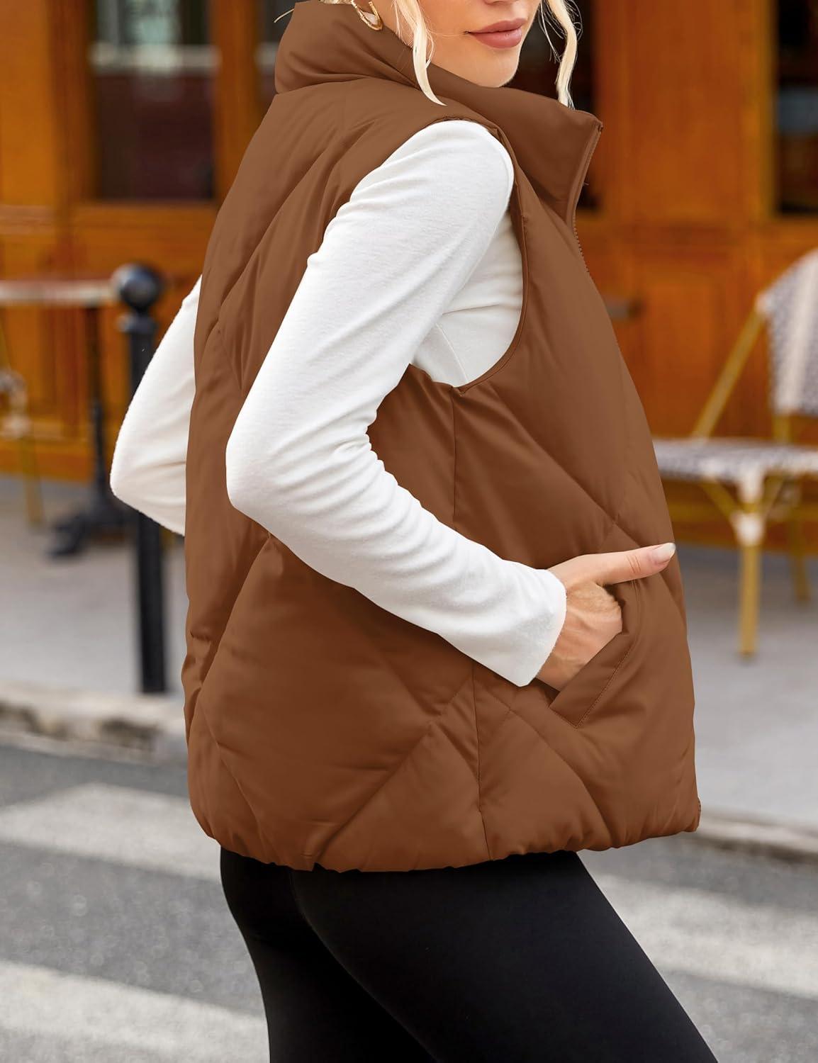 imageMEROKEETY Womens 2025 Puffer Vest Sleeveless Zip Up Quilted Coat Stand Collar Gilet Jacket With PocketsBrown
