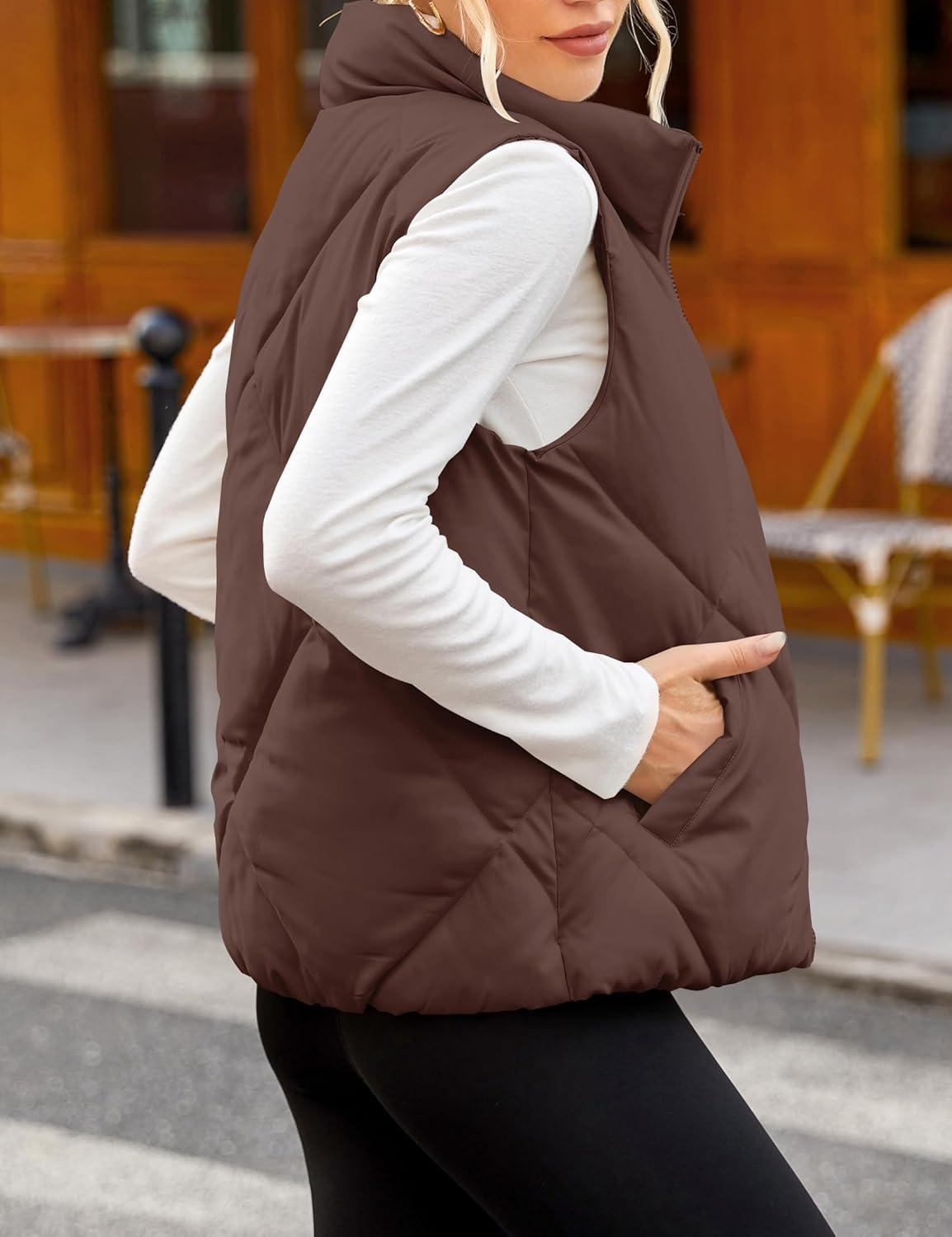 imageMEROKEETY Womens 2025 Puffer Vest Sleeveless Zip Up Quilted Coat Stand Collar Gilet Jacket With PocketsCoffee