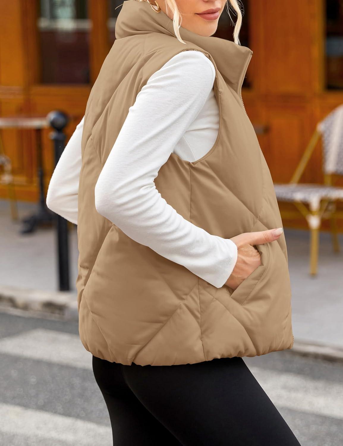imageMEROKEETY Womens 2025 Puffer Vest Sleeveless Zip Up Quilted Coat Stand Collar Gilet Jacket With PocketsKhaki