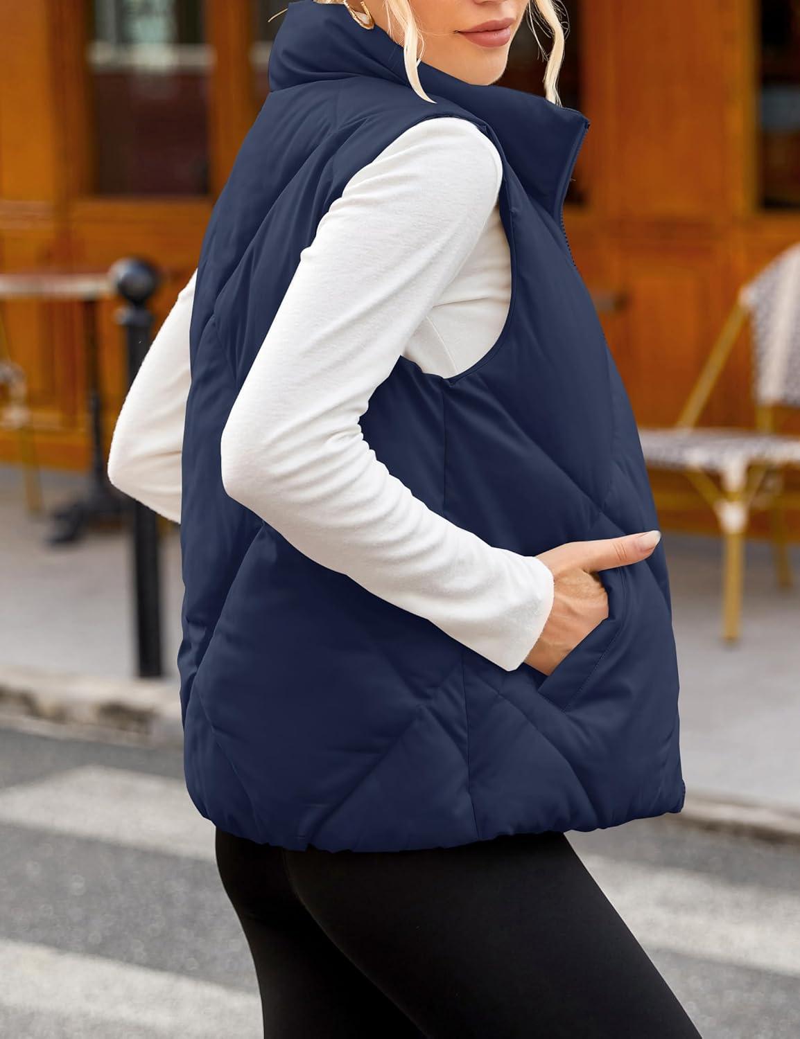 imageMEROKEETY Womens 2025 Puffer Vest Sleeveless Zip Up Quilted Coat Stand Collar Gilet Jacket With PocketsNavy