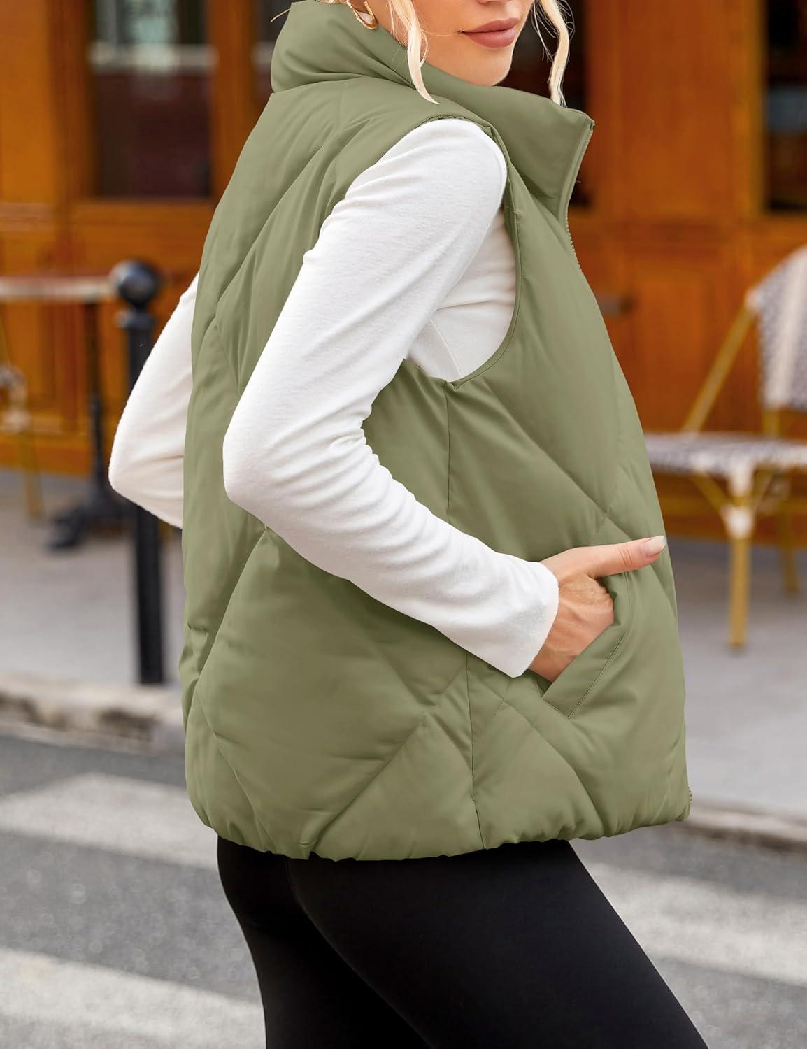 imageMEROKEETY Womens 2025 Puffer Vest Sleeveless Zip Up Quilted Coat Stand Collar Gilet Jacket With PocketsPeagreen