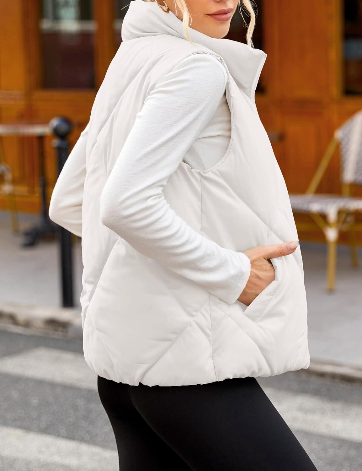 imageMEROKEETY Womens 2025 Puffer Vest Sleeveless Zip Up Quilted Coat Stand Collar Gilet Jacket With PocketsWhite