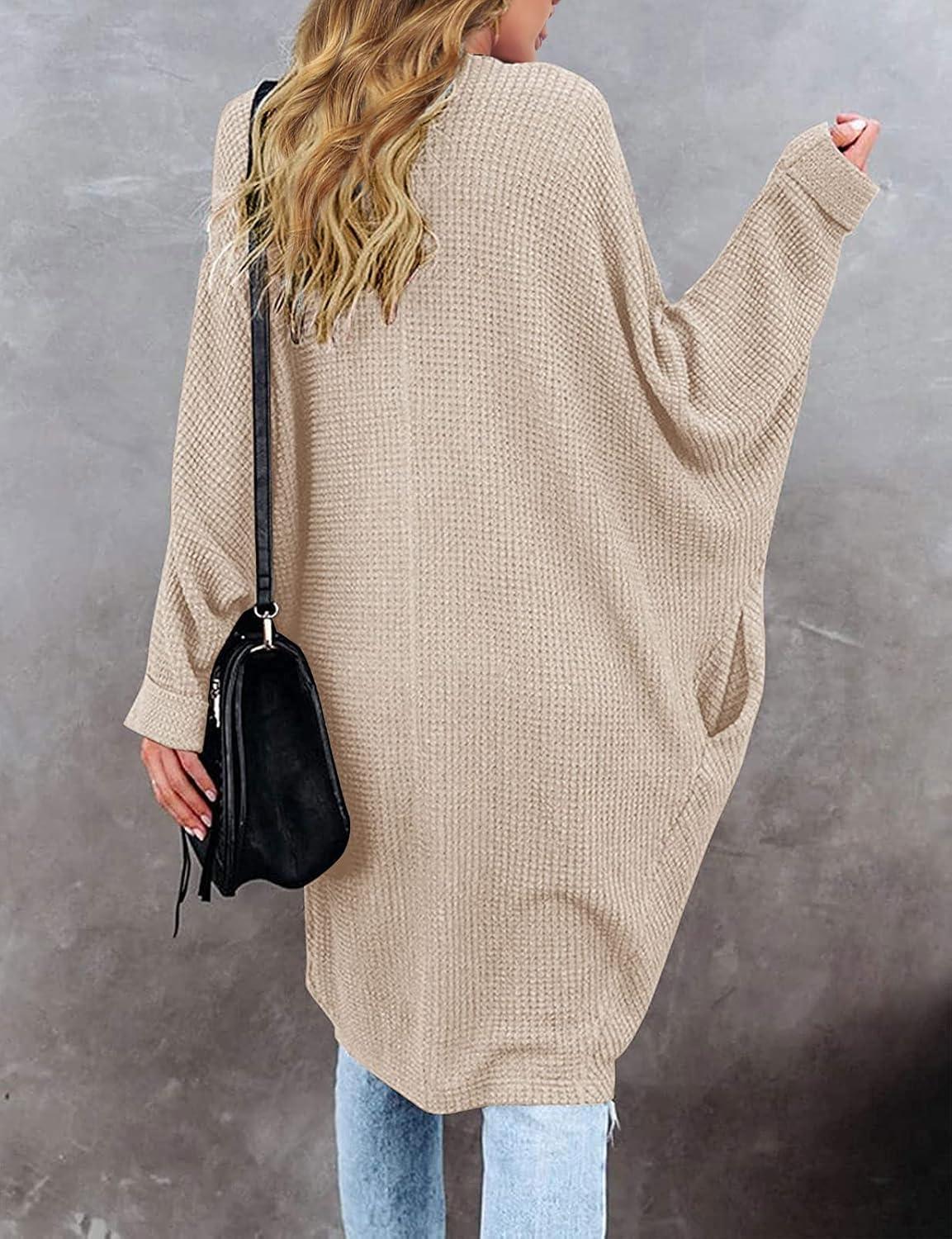 imageMEROKEETY Womens 2026 Fall Waffle Knit Batwing Long Sleeve Cardigan Loose Open Front Sweater CoatApricot