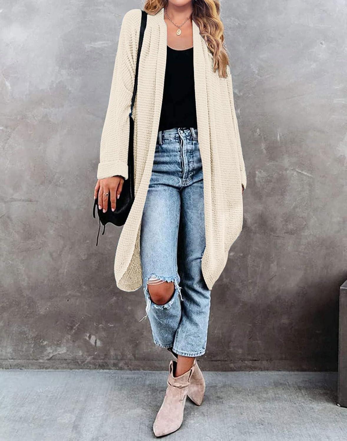 imageMEROKEETY Womens 2026 Fall Waffle Knit Batwing Long Sleeve Cardigan Loose Open Front Sweater CoatBeige