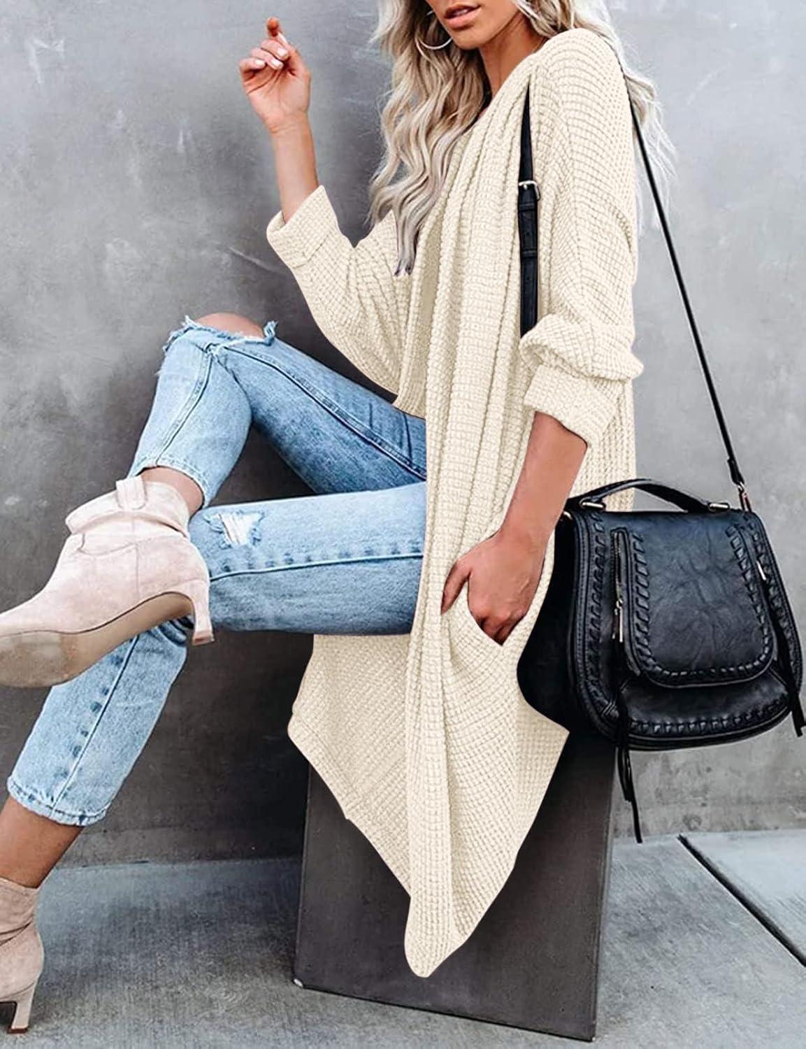 imageMEROKEETY Womens 2026 Fall Waffle Knit Batwing Long Sleeve Cardigan Loose Open Front Sweater CoatBeige