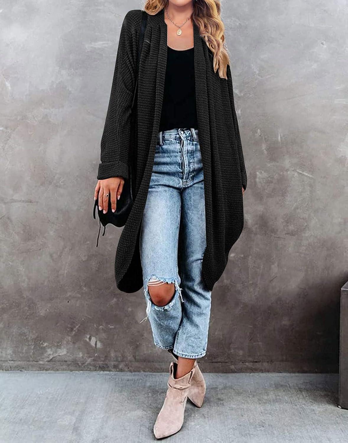 imageMEROKEETY Womens 2026 Fall Waffle Knit Batwing Long Sleeve Cardigan Loose Open Front Sweater CoatBlack
