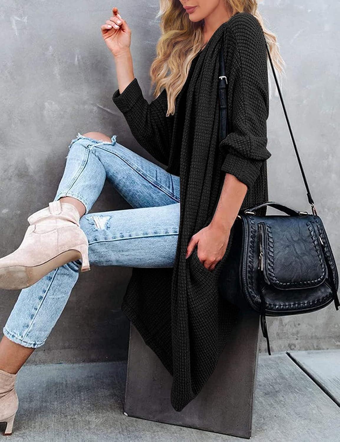 imageMEROKEETY Womens 2026 Fall Waffle Knit Batwing Long Sleeve Cardigan Loose Open Front Sweater CoatBlack