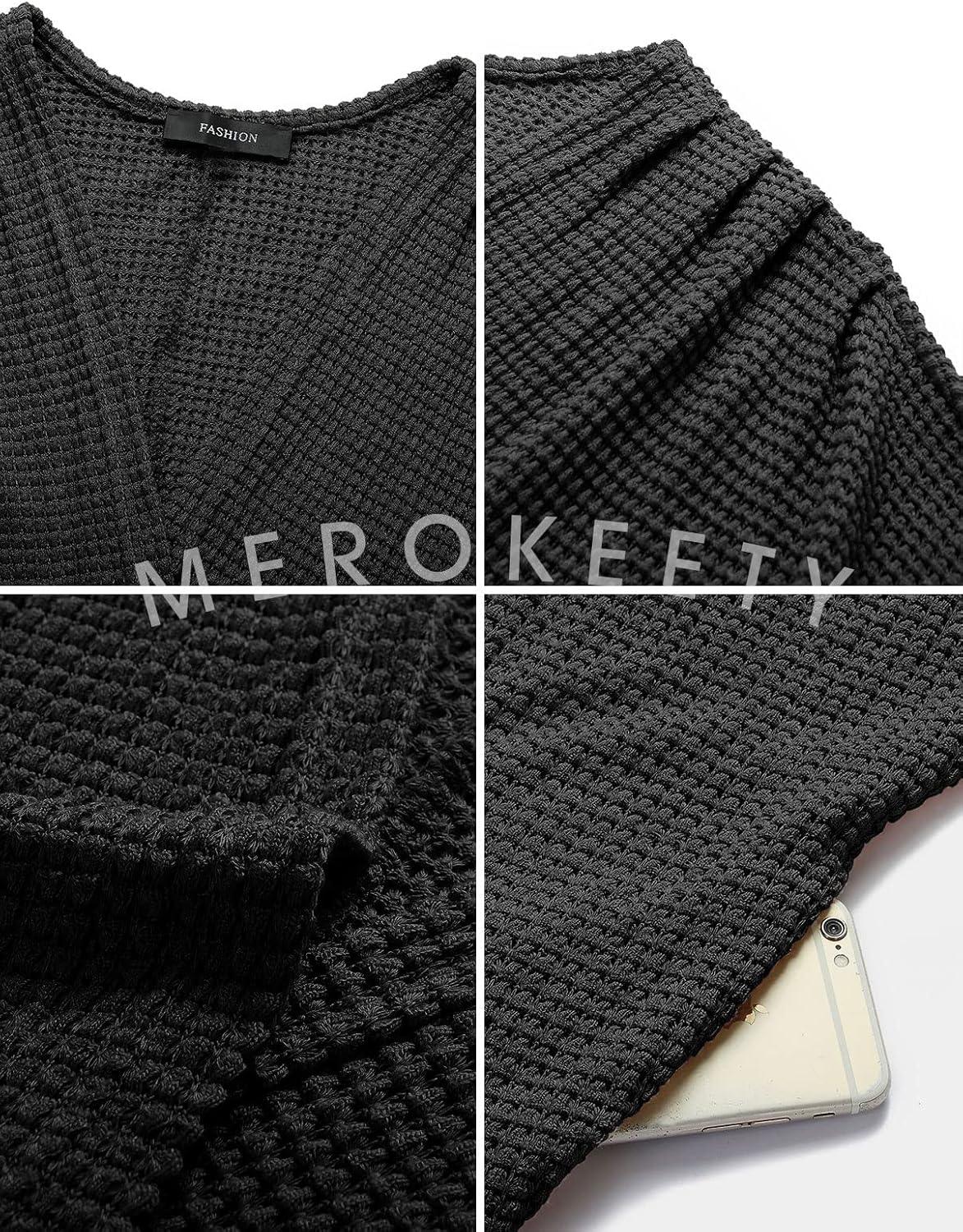 imageMEROKEETY Womens 2026 Fall Waffle Knit Batwing Long Sleeve Cardigan Loose Open Front Sweater CoatBlack