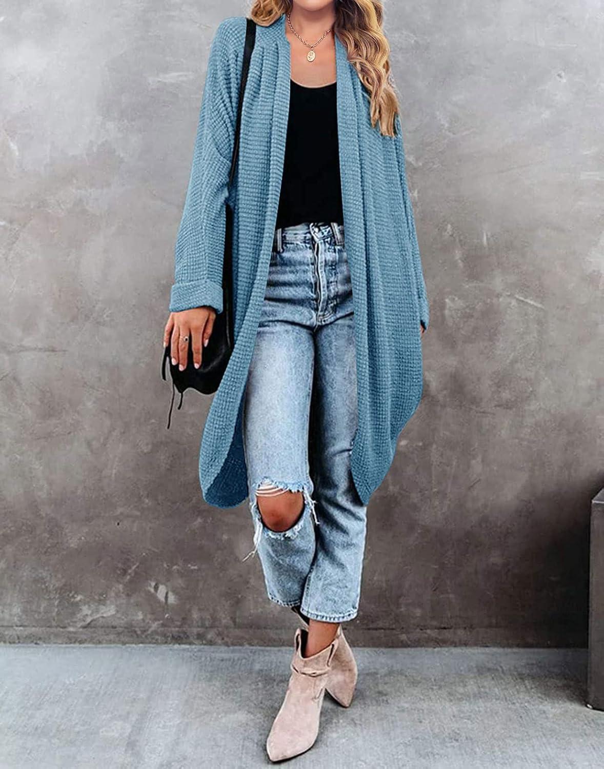 imageMEROKEETY Womens 2026 Fall Waffle Knit Batwing Long Sleeve Cardigan Loose Open Front Sweater CoatBlue