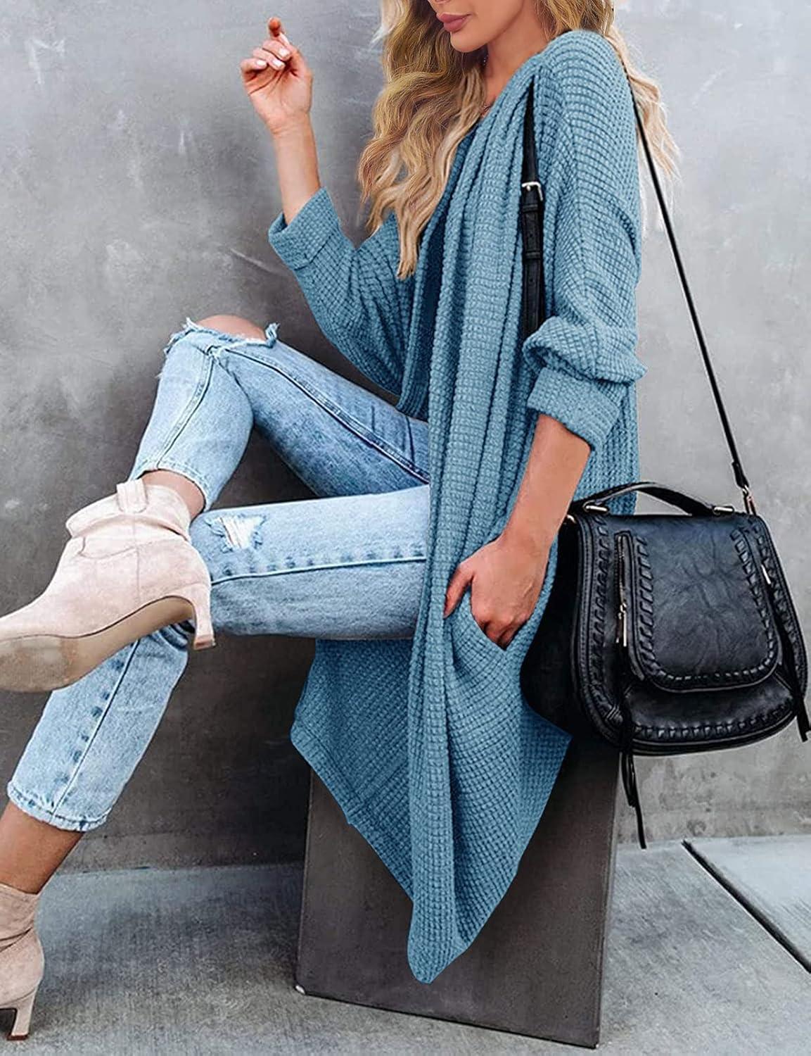 imageMEROKEETY Womens 2026 Fall Waffle Knit Batwing Long Sleeve Cardigan Loose Open Front Sweater CoatBlue
