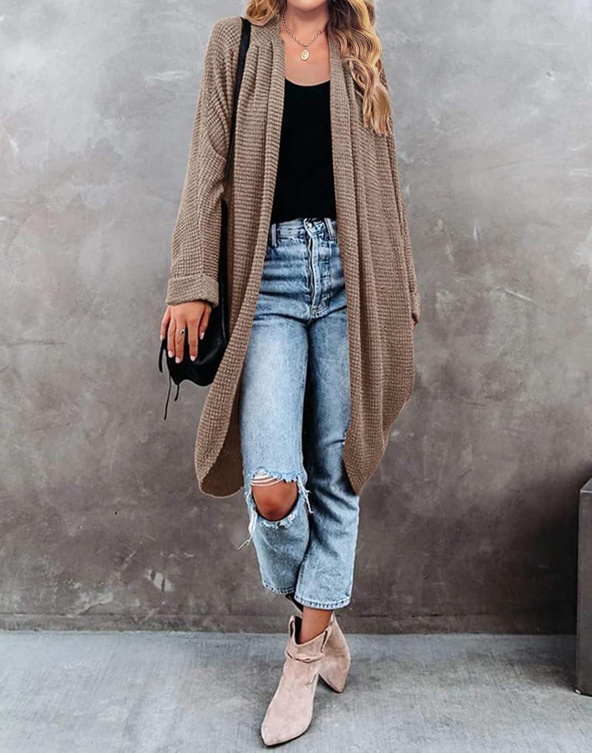 imageMEROKEETY Womens 2026 Fall Waffle Knit Batwing Long Sleeve Cardigan Loose Open Front Sweater CoatBrown
