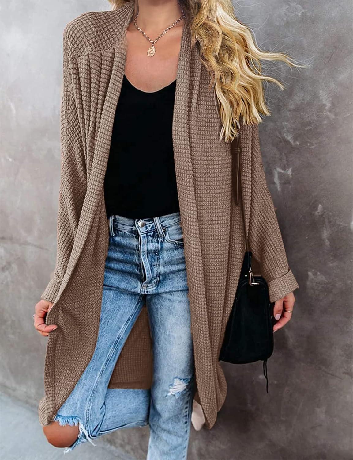 imageMEROKEETY Womens 2026 Fall Waffle Knit Batwing Long Sleeve Cardigan Loose Open Front Sweater CoatBrown