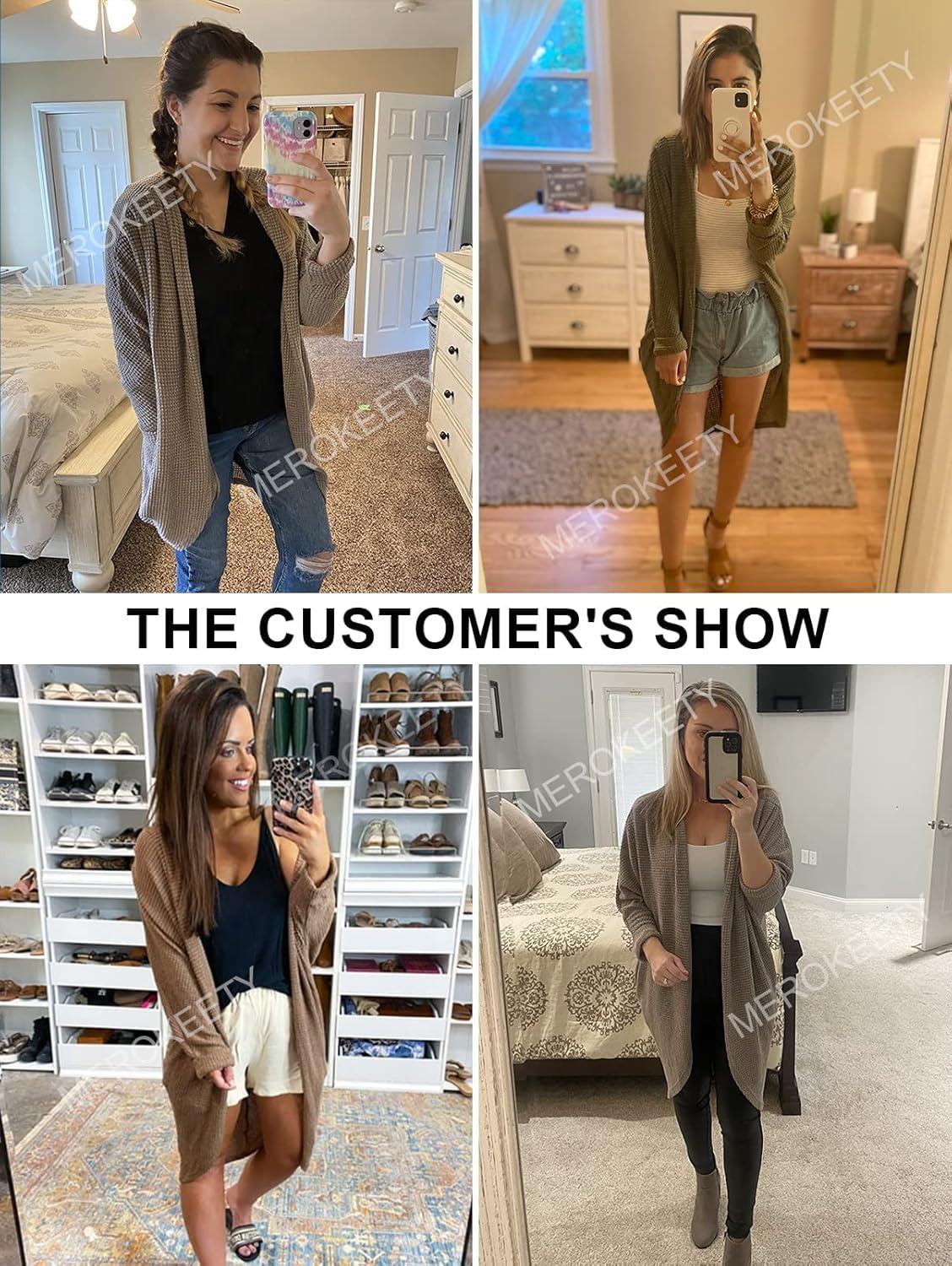 imageMEROKEETY Womens 2026 Fall Waffle Knit Batwing Long Sleeve Cardigan Loose Open Front Sweater CoatBrown