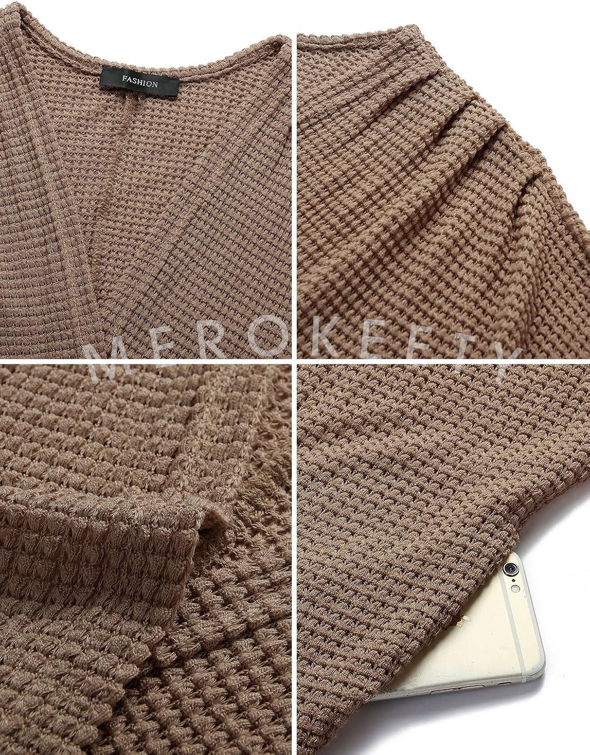 imageMEROKEETY Womens 2026 Fall Waffle Knit Batwing Long Sleeve Cardigan Loose Open Front Sweater CoatBrown