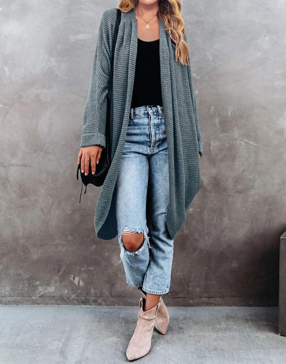 imageMEROKEETY Womens 2026 Fall Waffle Knit Batwing Long Sleeve Cardigan Loose Open Front Sweater CoatDusty Green