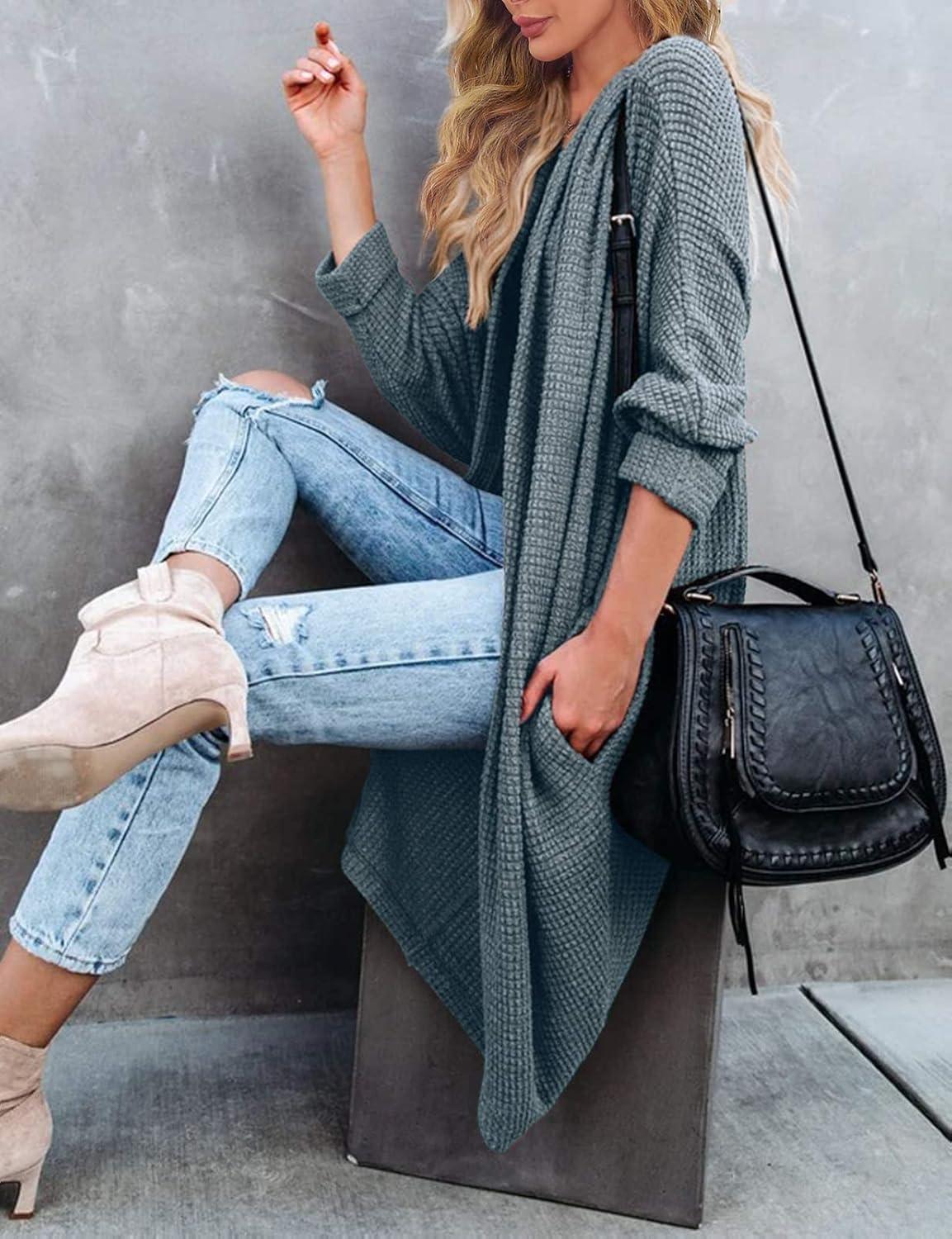 imageMEROKEETY Womens 2026 Fall Waffle Knit Batwing Long Sleeve Cardigan Loose Open Front Sweater CoatDusty Green