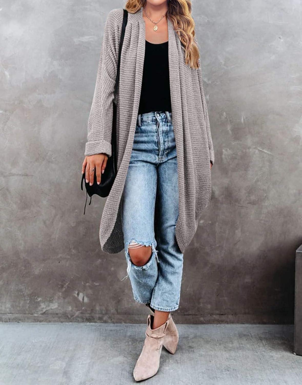 imageMEROKEETY Womens 2026 Fall Waffle Knit Batwing Long Sleeve Cardigan Loose Open Front Sweater CoatGrey