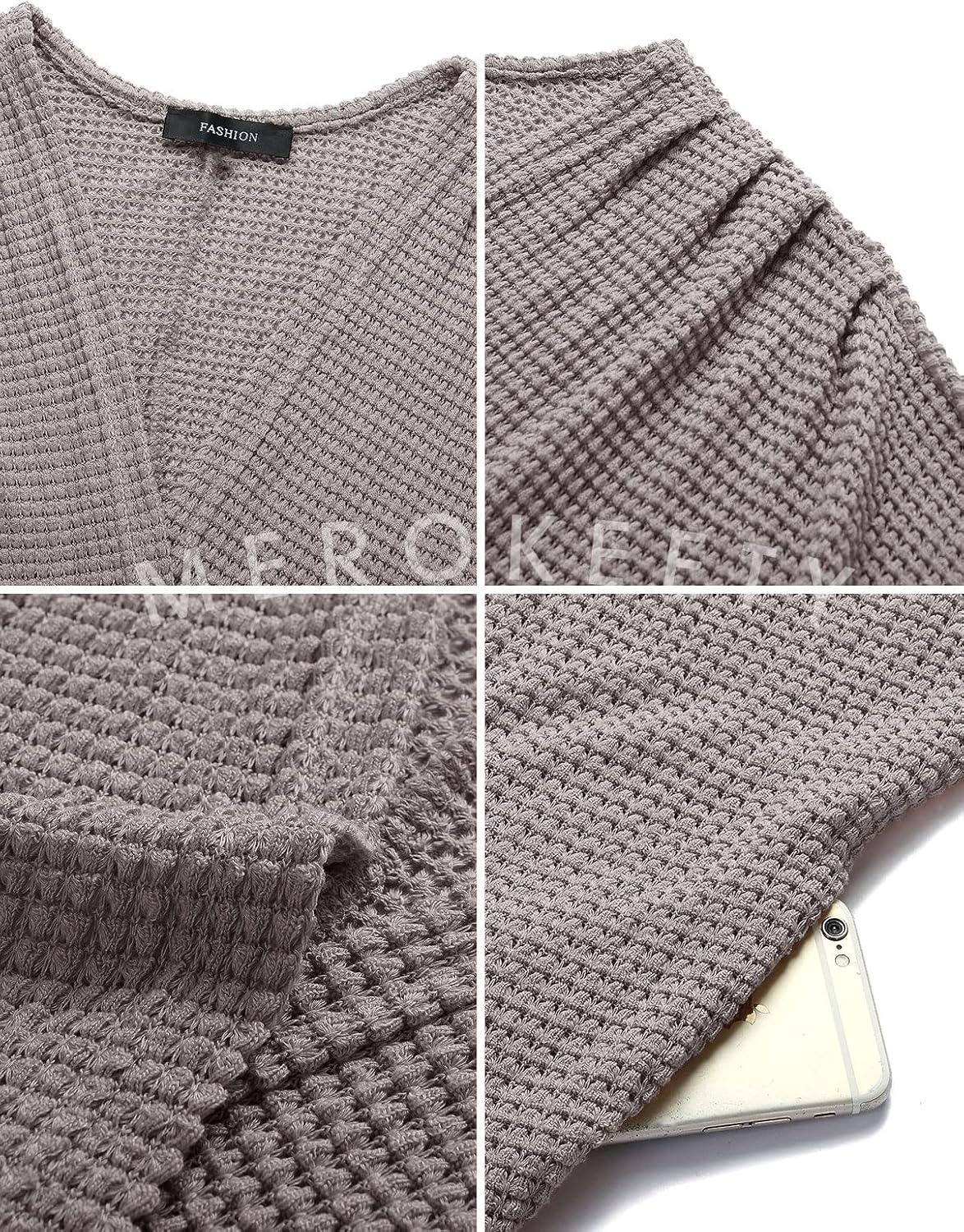 imageMEROKEETY Womens 2026 Fall Waffle Knit Batwing Long Sleeve Cardigan Loose Open Front Sweater CoatGrey