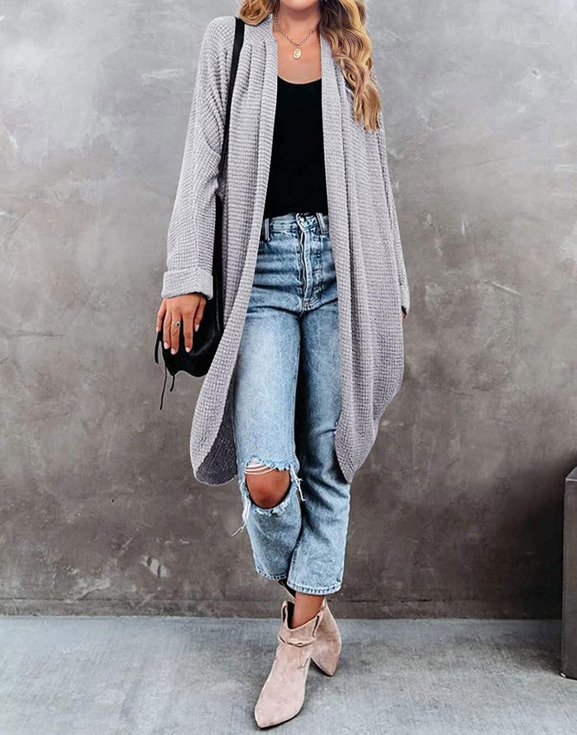 imageMEROKEETY Womens 2026 Fall Waffle Knit Batwing Long Sleeve Cardigan Loose Open Front Sweater CoatLight Grey