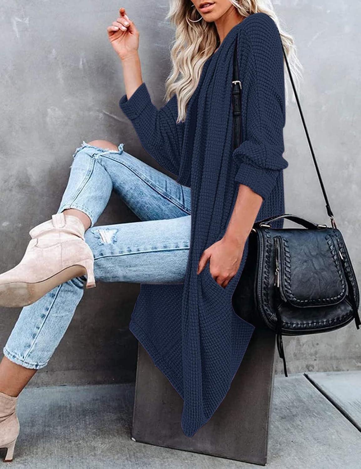 imageMEROKEETY Womens 2026 Fall Waffle Knit Batwing Long Sleeve Cardigan Loose Open Front Sweater CoatNavy