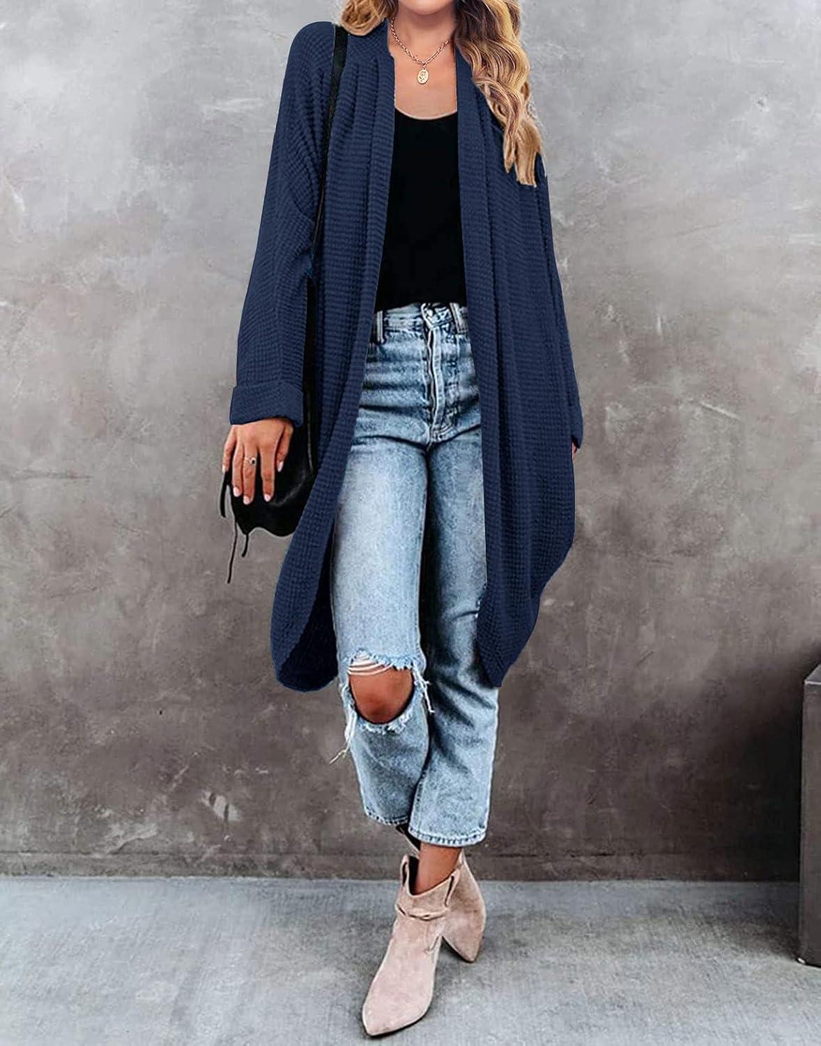 imageMEROKEETY Womens 2026 Fall Waffle Knit Batwing Long Sleeve Cardigan Loose Open Front Sweater CoatNavy