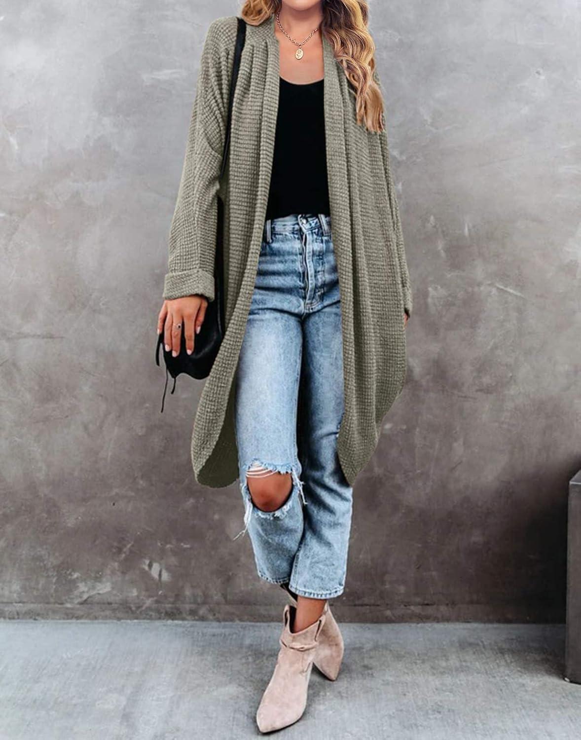 imageMEROKEETY Womens 2026 Fall Waffle Knit Batwing Long Sleeve Cardigan Loose Open Front Sweater CoatOlive