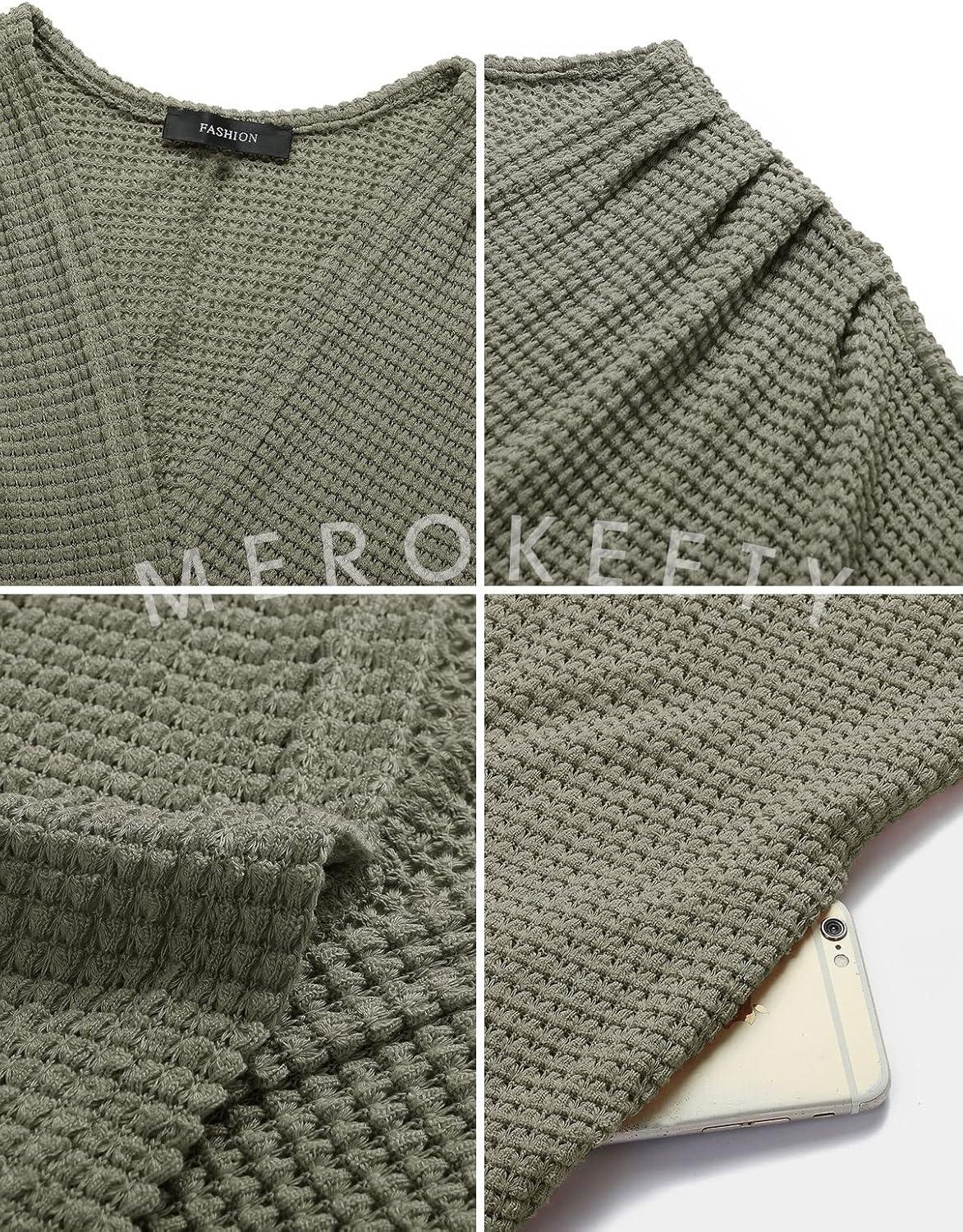 imageMEROKEETY Womens 2026 Fall Waffle Knit Batwing Long Sleeve Cardigan Loose Open Front Sweater CoatOlive