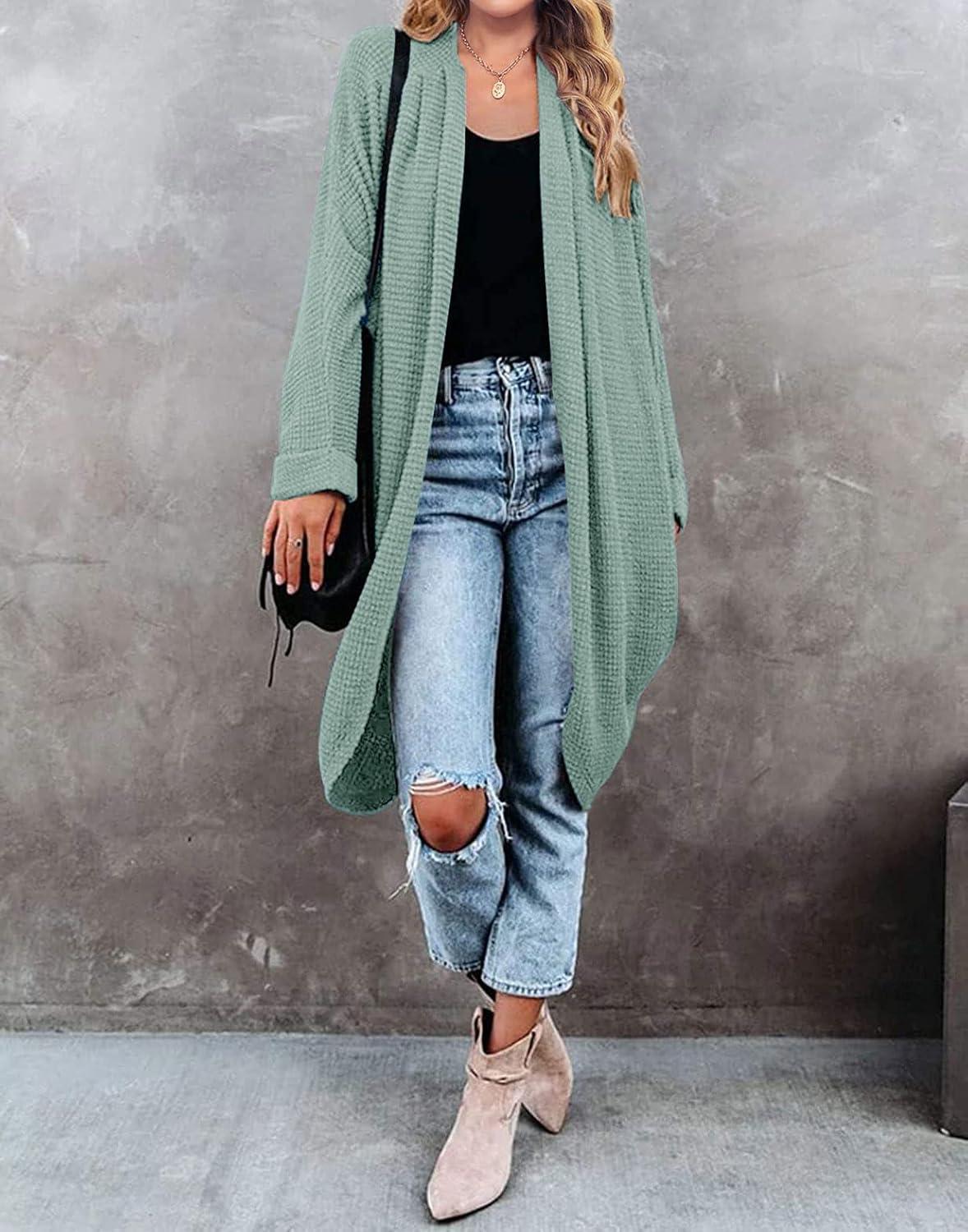 imageMEROKEETY Womens 2026 Fall Waffle Knit Batwing Long Sleeve Cardigan Loose Open Front Sweater CoatSage