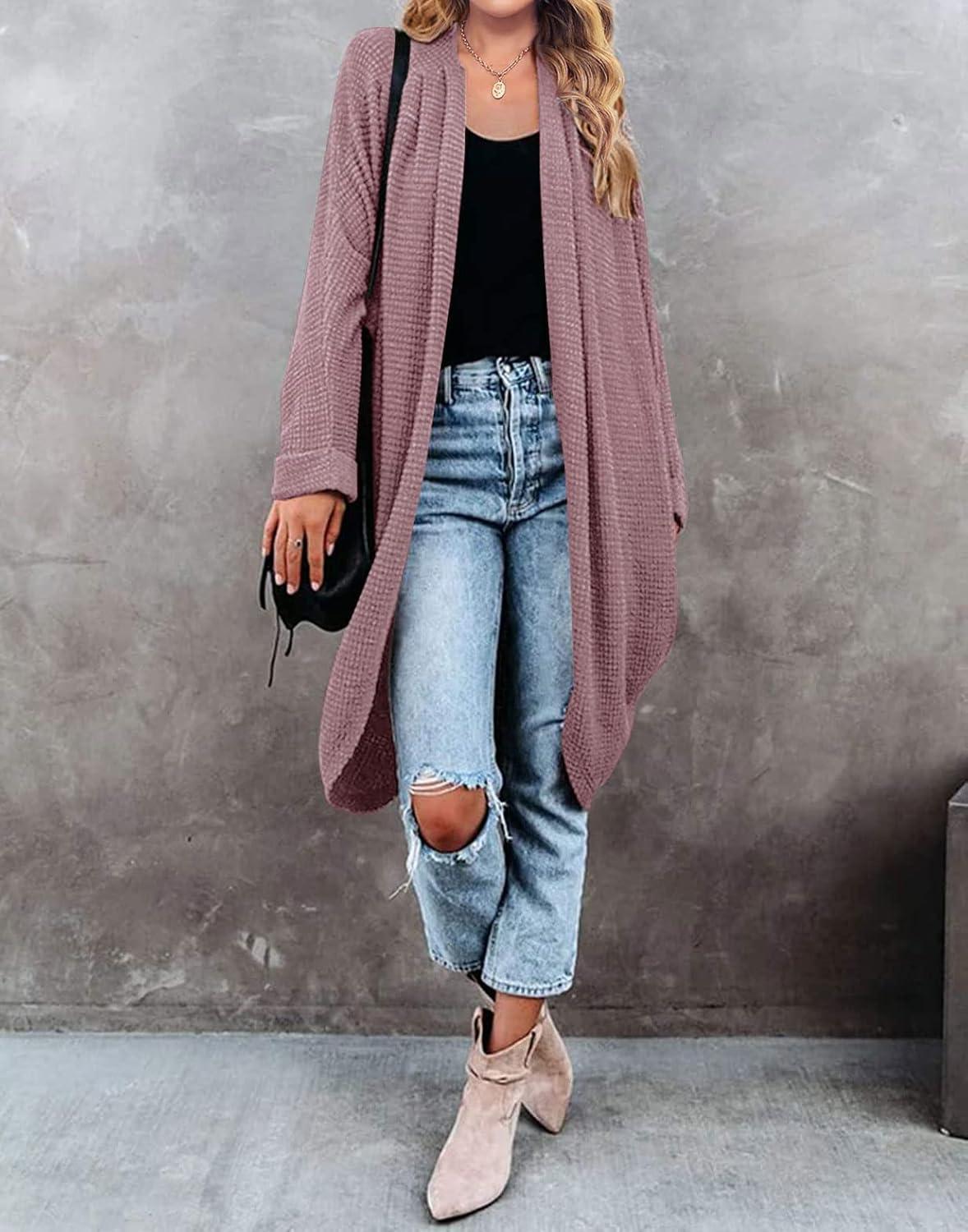 imageMEROKEETY Womens 2026 Fall Waffle Knit Batwing Long Sleeve Cardigan Loose Open Front Sweater CoatTaro