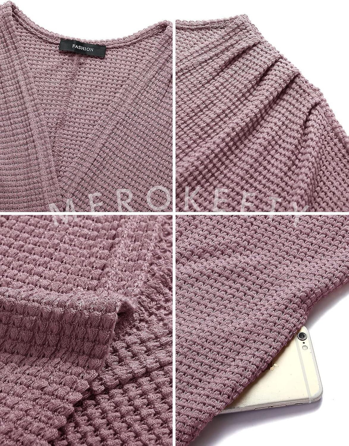imageMEROKEETY Womens 2026 Fall Waffle Knit Batwing Long Sleeve Cardigan Loose Open Front Sweater CoatTaro
