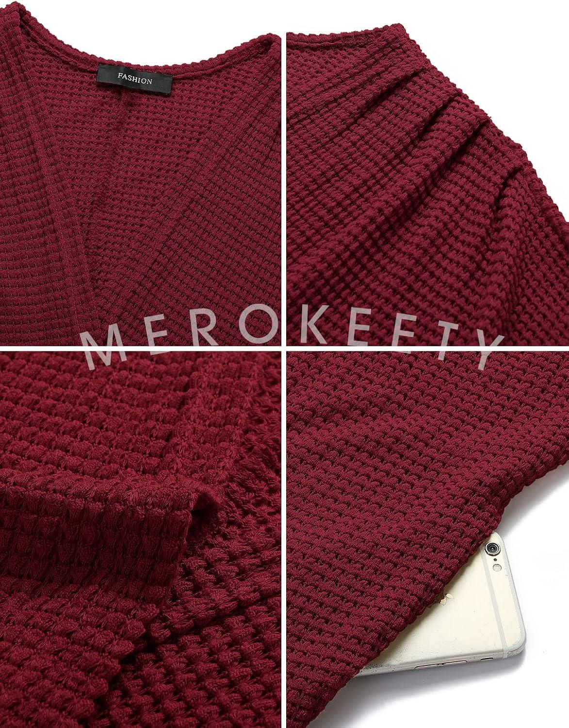 imageMEROKEETY Womens 2026 Fall Waffle Knit Batwing Long Sleeve Cardigan Loose Open Front Sweater CoatWine