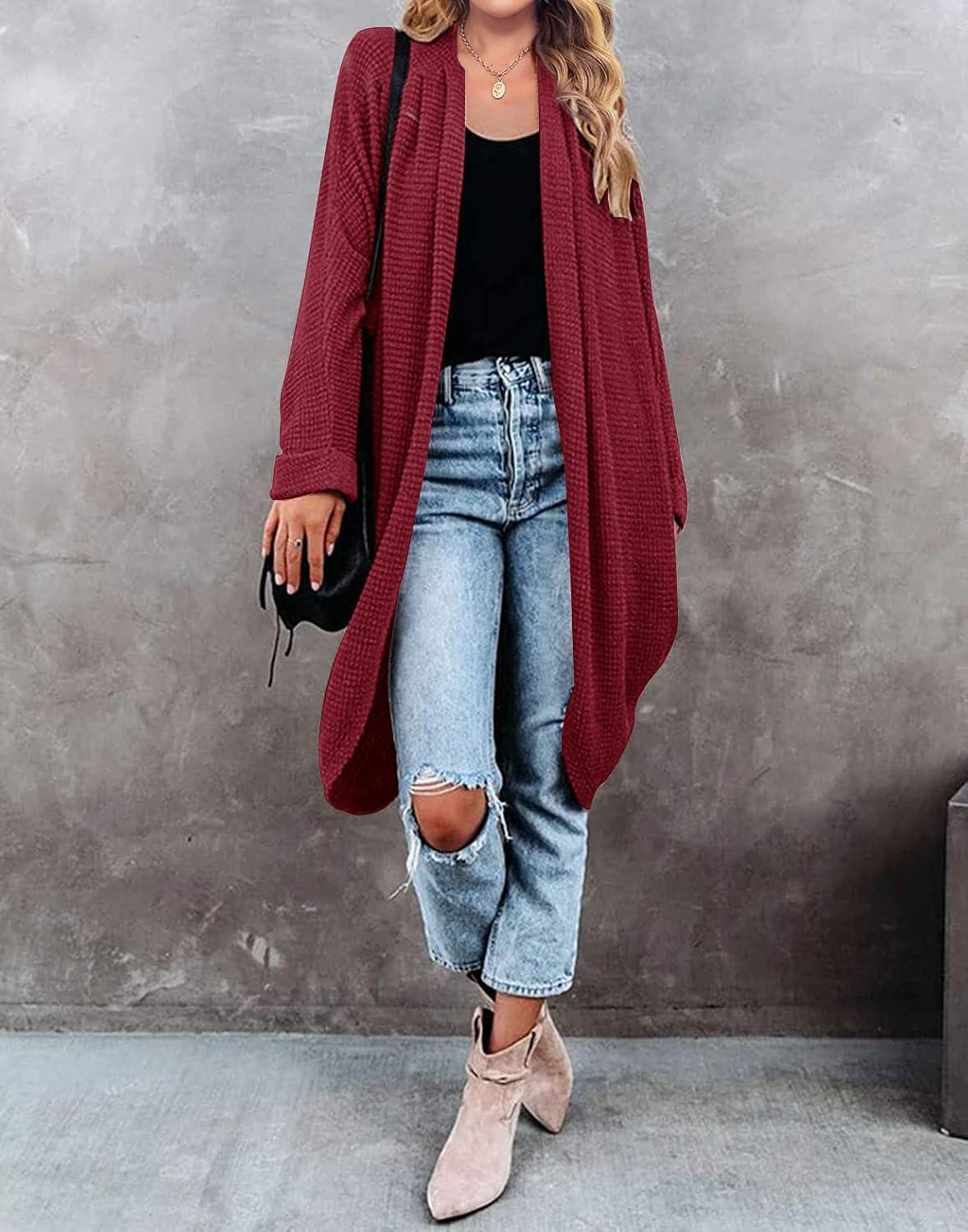 imageMEROKEETY Womens 2026 Fall Waffle Knit Batwing Long Sleeve Cardigan Loose Open Front Sweater CoatWine