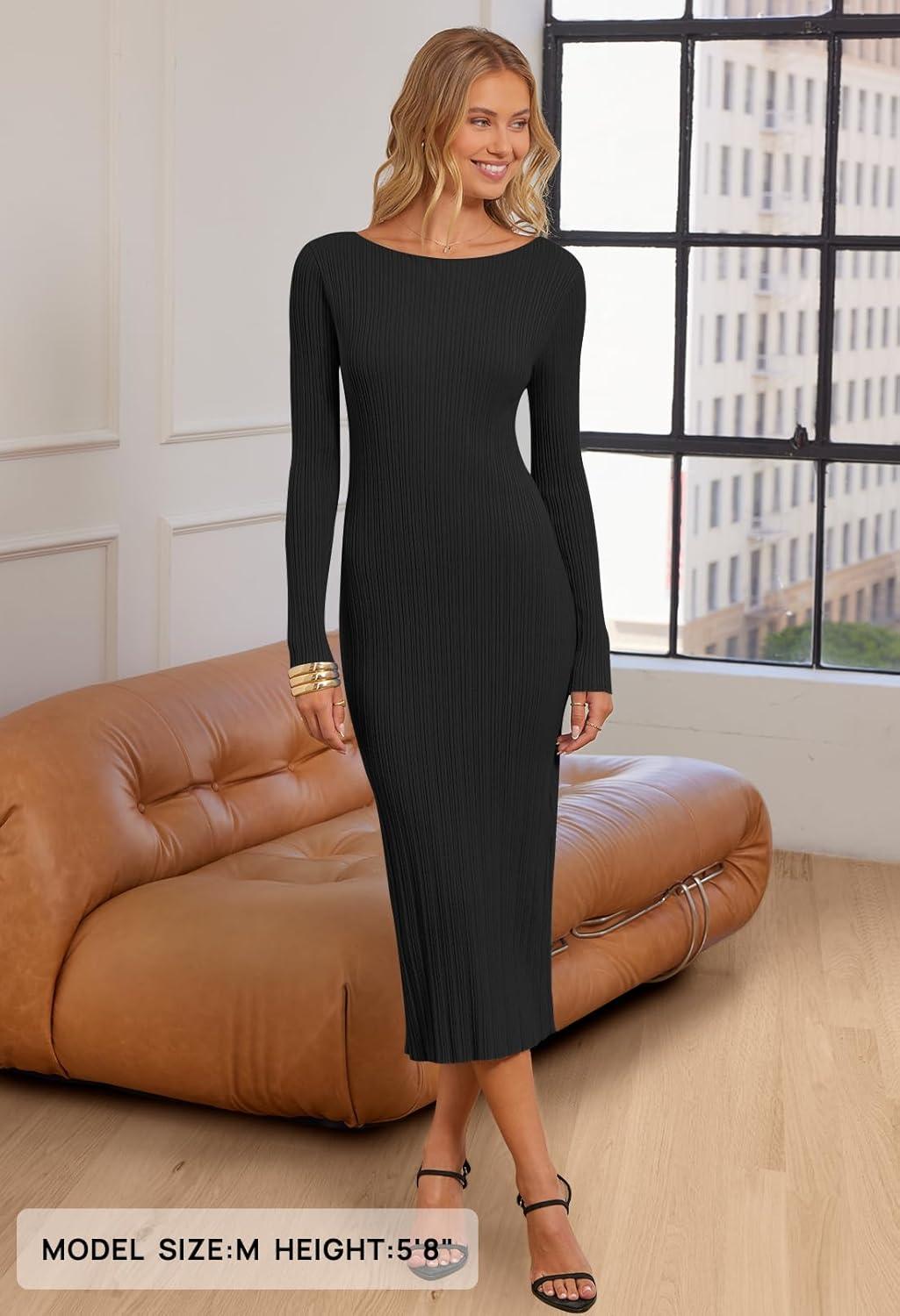 imageMEROKEETY Womens 2026 Long Sleeve Bodycon Sweater Dress Fall Winter Crew Neck Ribbed Knit Maxi DressesBlack