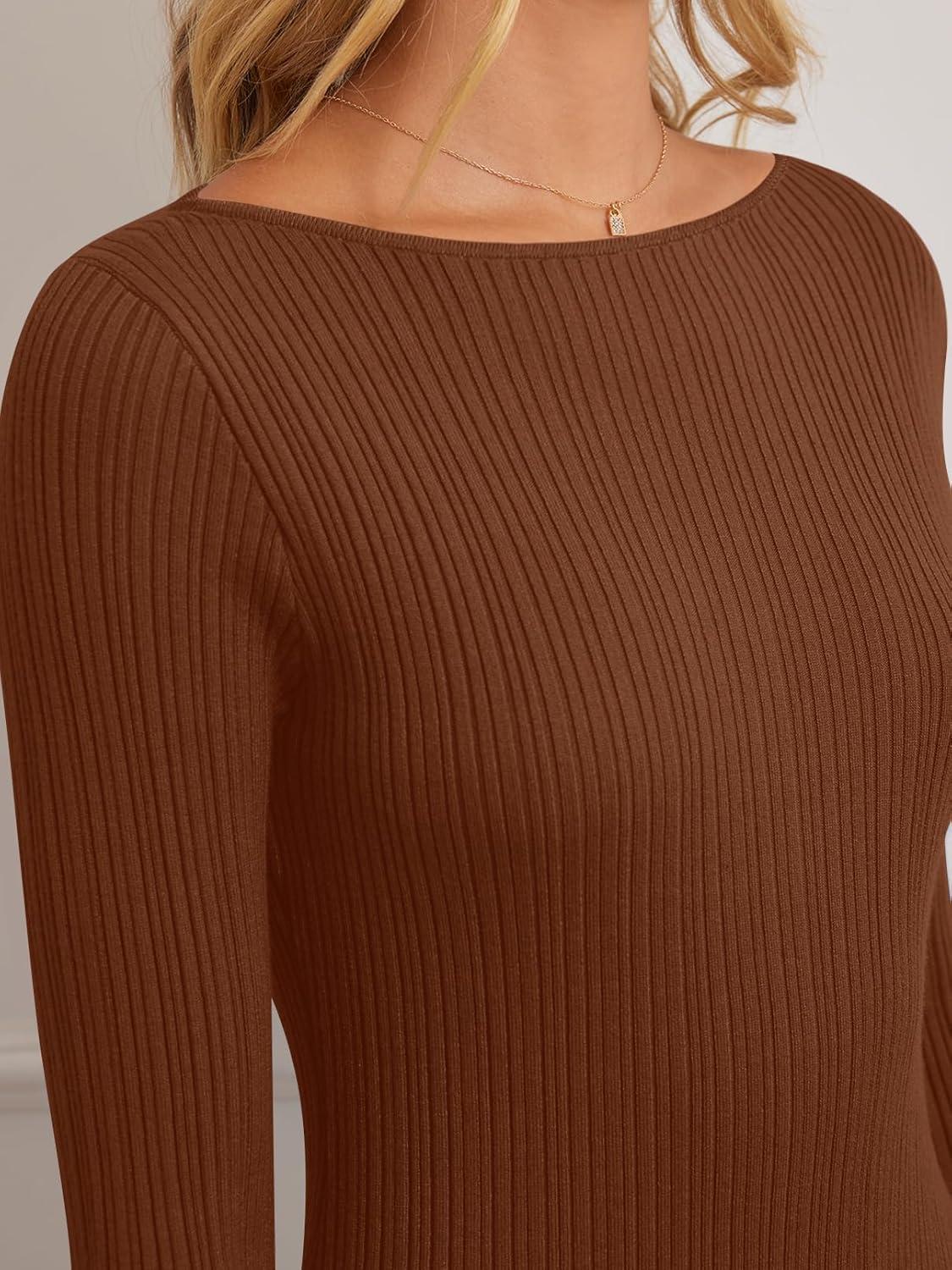 imageMEROKEETY Womens 2026 Long Sleeve Bodycon Sweater Dress Fall Winter Crew Neck Ribbed Knit Maxi DressesChocolate