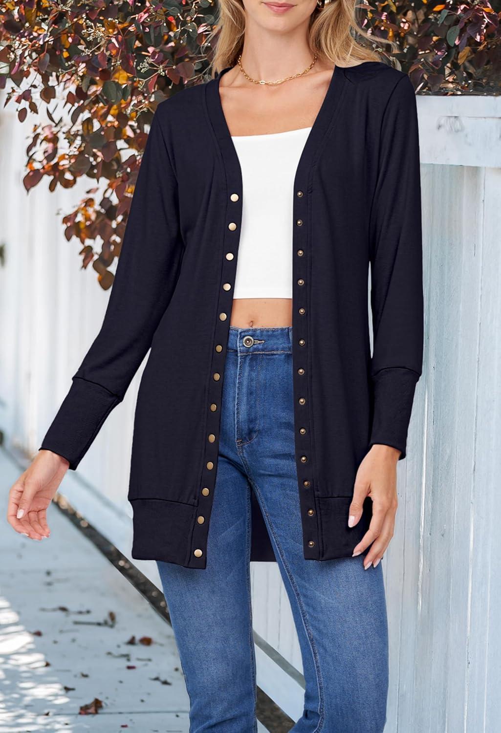 imageMEROKEETY Womens 2026 Spring Long Sleeve Cardigan Sweater Lightweight Snap Button Down Open Front Casual OutfitBlack