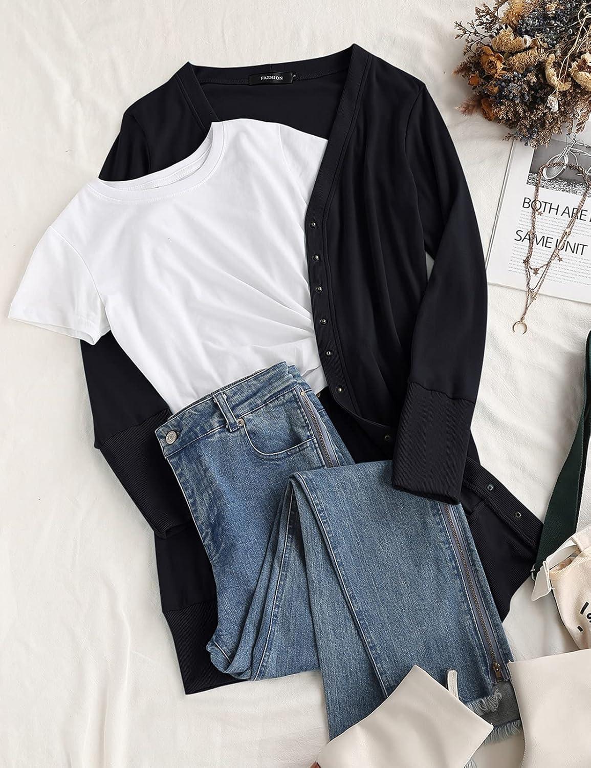 imageMEROKEETY Womens 2026 Spring Long Sleeve Cardigan Sweater Lightweight Snap Button Down Open Front Casual OutfitBlack
