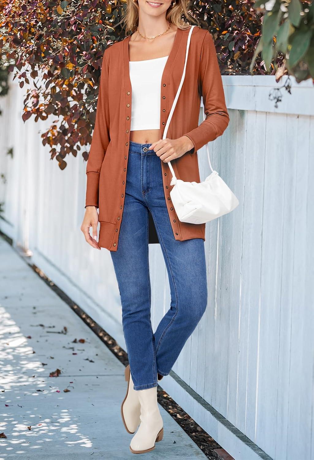 imageMEROKEETY Womens 2026 Spring Long Sleeve Cardigan Sweater Lightweight Snap Button Down Open Front Casual OutfitBrown