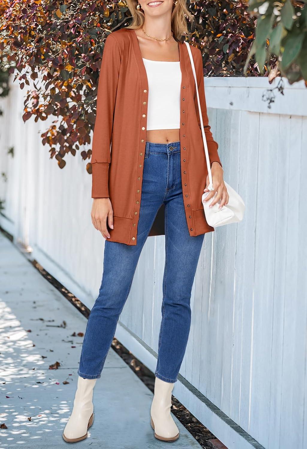 imageMEROKEETY Womens 2026 Spring Long Sleeve Cardigan Sweater Lightweight Snap Button Down Open Front Casual OutfitBrown