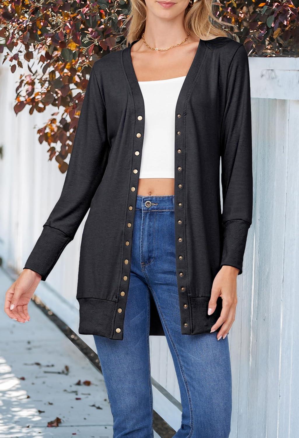 imageMEROKEETY Womens 2026 Spring Long Sleeve Cardigan Sweater Lightweight Snap Button Down Open Front Casual OutfitCharcoal
