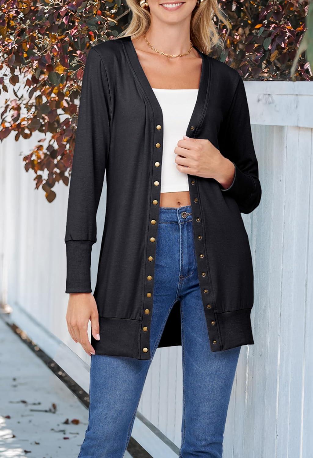 imageMEROKEETY Womens 2026 Spring Long Sleeve Cardigan Sweater Lightweight Snap Button Down Open Front Casual OutfitCharcoal
